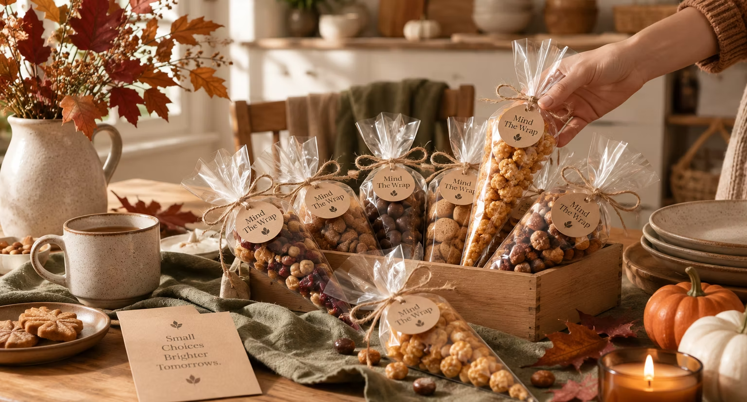 Mind The Wrap snack cones arranged on an autumn kitchen table